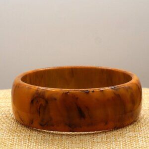 1930-50s Vintage Bakelite Butterscotch Orange Brown Marbled Wide Bangle 8 Inch